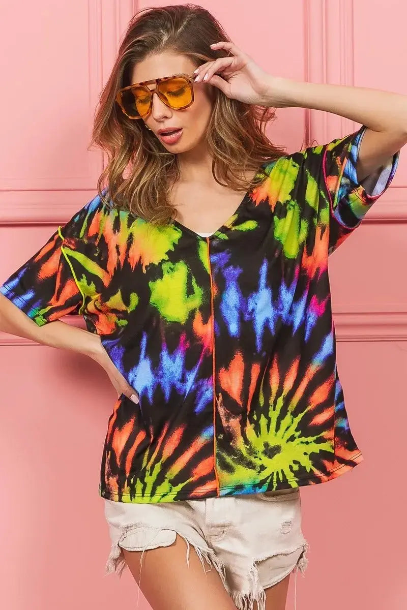BiBi Tie Dye Print Jersey Stitched V Neck Top for Women - Love Salve
